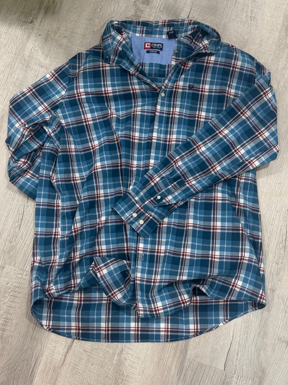 Chaps Teal and White Plaid Long-Sleeve Button-Down Shirt